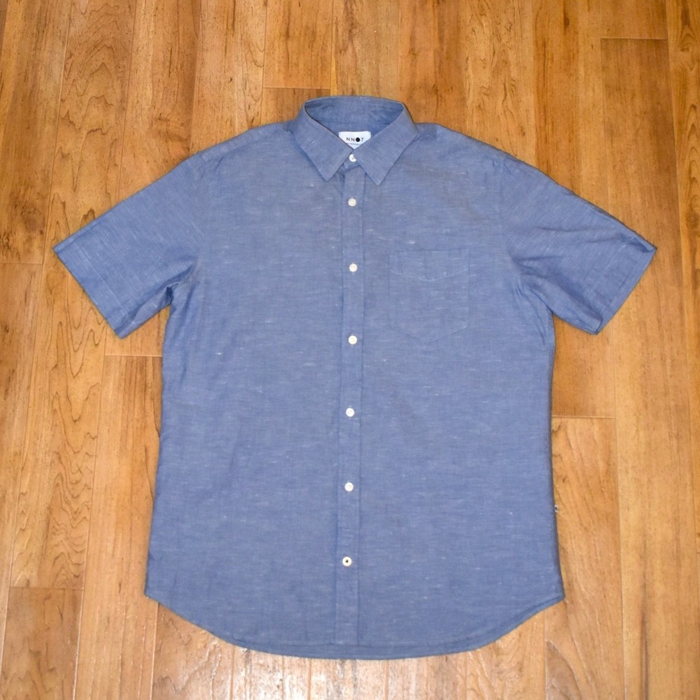 NN07 Leon Short Sleeve Shirt Mens Medium Blue Excellent Cotton Linen 5092
